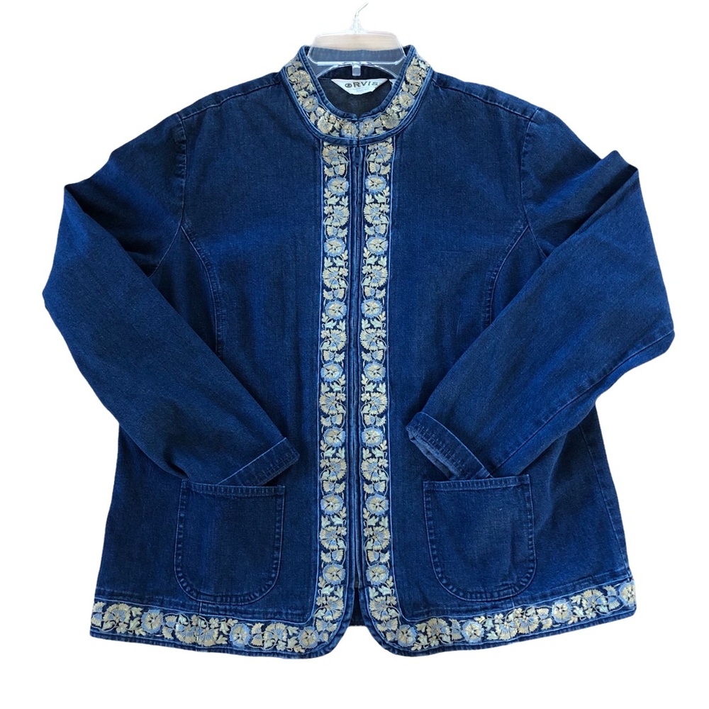 Orvis denim Jean jacket yellow floral embroidery full zip